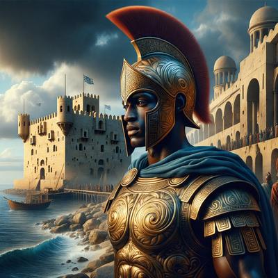 The primary subject of the image is a man wearing a gold helmet and a blue cape, standing in front of a castle. The setting is a beach, with a body of water visible in the background. The visual style is digital art, as the man appears to be a digital illustration. The colors and mood of the image are rich and dramatic, with the gold helmet and blue cape adding a sense of grandeur to the scene.